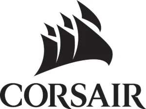 Logo da Corsair. O fundo é branco e está escrito "Corsair" em caixa-alta, letras pretas. Acima há um desenho feito com vários triângulos estilizados, que parece uma cadeia de montanhas.