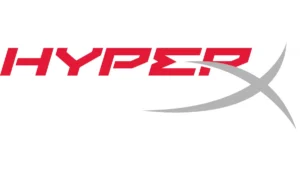Logo da HyperX. O fundo é branco e está escrito "HyperX" em caixa-alta, letras vermelhas estilizadas. Do lado direito, pouco abaixo do nome da marca, há um grande X, na cor cinza, com linhas curvas.