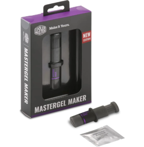 Melhor Pasta Térmica: TOP 10 Melhores (Cooler, Master, Grizzly e mais) 7 Imagem mostrando a Pasta Térmica Cooler Master MasterGel Maker, dentro da caixa de papelão preta com detalhes roxos e frente transparente para mostrar o produto, com um aplicador da mesma marca e modelo separado ao lado direito, formato seringa de bico plano, cor cinza, com um sachê prateado ao lado dele. O fundo é branco.