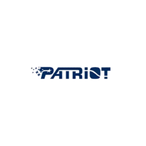 Logo da Patriot. O fundo é branco e está escrito "Patriot" em caixa-alta, letras azuis, estilizadas. A letra "P" tem uma estrela no lugar do círculo superior.