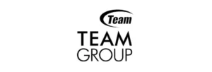 Logo da Team Group. O fundo é branco e está escrito "TEAM" em caixa-alta, letras pretas, seguido de "GROUP", em caixa-alta, letras pretas, logo abaixo. Acima do TEAM em destaque, está escrito "Team" em letras pretas menores, com um traço de contorno a esquerda.
