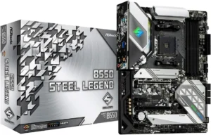 Imagem da placa mãe ASRock Placa Mãe B550 Steel Legend. É possível ver a placa mãe, em primeiro plano, na parte direta da imagem, e caixa da placa, em segundo plano, na parte esquerda da imagem. A placa é tem partes prateadas e partes preta. A caixa é toda prateada, em tom metálico, com letras e detalhes destacados com contorno preto, apresentando detalhes do produto.