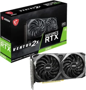 Imagem mostrando a placa de vídeo Geforce RTX 3060 12gb - MSI. Na parte inferior da imagem vemos apenas a placa, que da cor preto fosco, com detalhes pretos, e tem 2 ventiladores. Na parte de cima vemos a caixa, que é preta, com detalhes verdes, e tem uma foto da placa na frente. O fundo é branco.