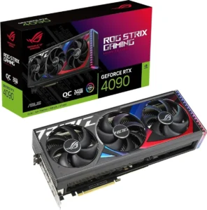 Imagem mostrando a placa de vídeo Geforce RTX 4090 24gb ASUS Rog. No canto inferior direito vemos a placa, que é preta, com luzes RGB azuis e vermelhas acesas. No canto superior esquerdo, vemos a caixa que é preta, com a foto do produto na frente, a parte inferior verde e uma parte rosa-violeta gradiente na frente.