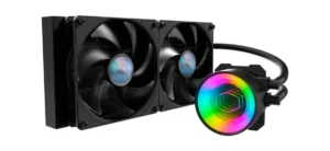 Imagem mostrando o Masterliquid ml280 Mirror, com suas luzes RGB acessas multicoloridas na bomba e na parte central das ventoinhas. O water cooler é preto, visto de frente, parcialmente de lado, e tem 2 ventiladores. O fundo é branco.