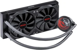 Imagem mostrando o PCYes Sangue Frio 2 visto de frente e parcialmente de lado. O cooler é da cor preta, com detalhes vermelhos e duas ventoinhas. O fundo é branco.